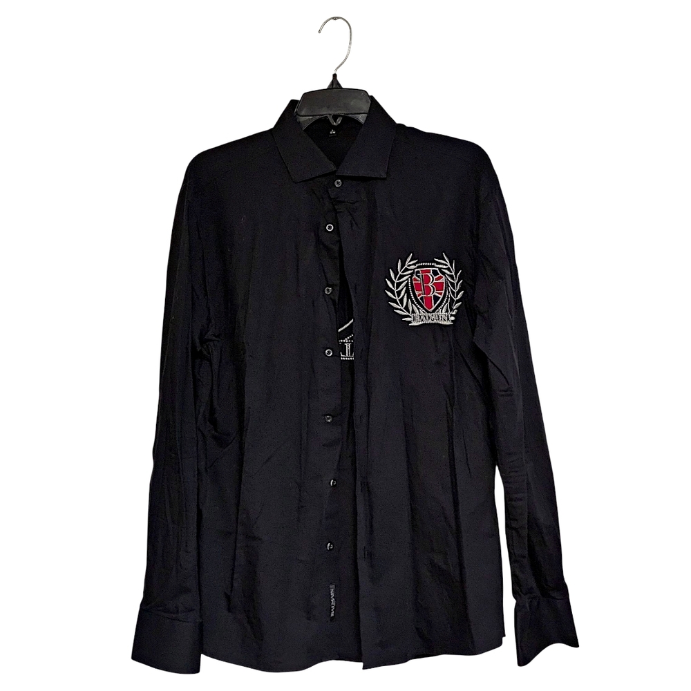 Balmain Black Shirt with Red and Silver Embroidery.